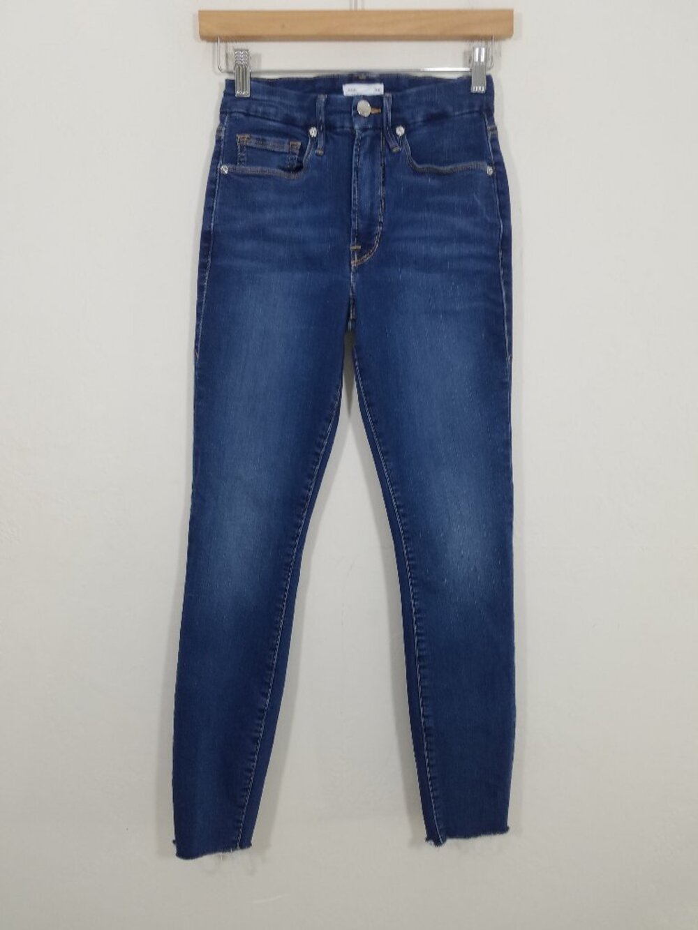 Good American High Rise Stretch Skinny Jeans Blue Raw Hem Size 0/25